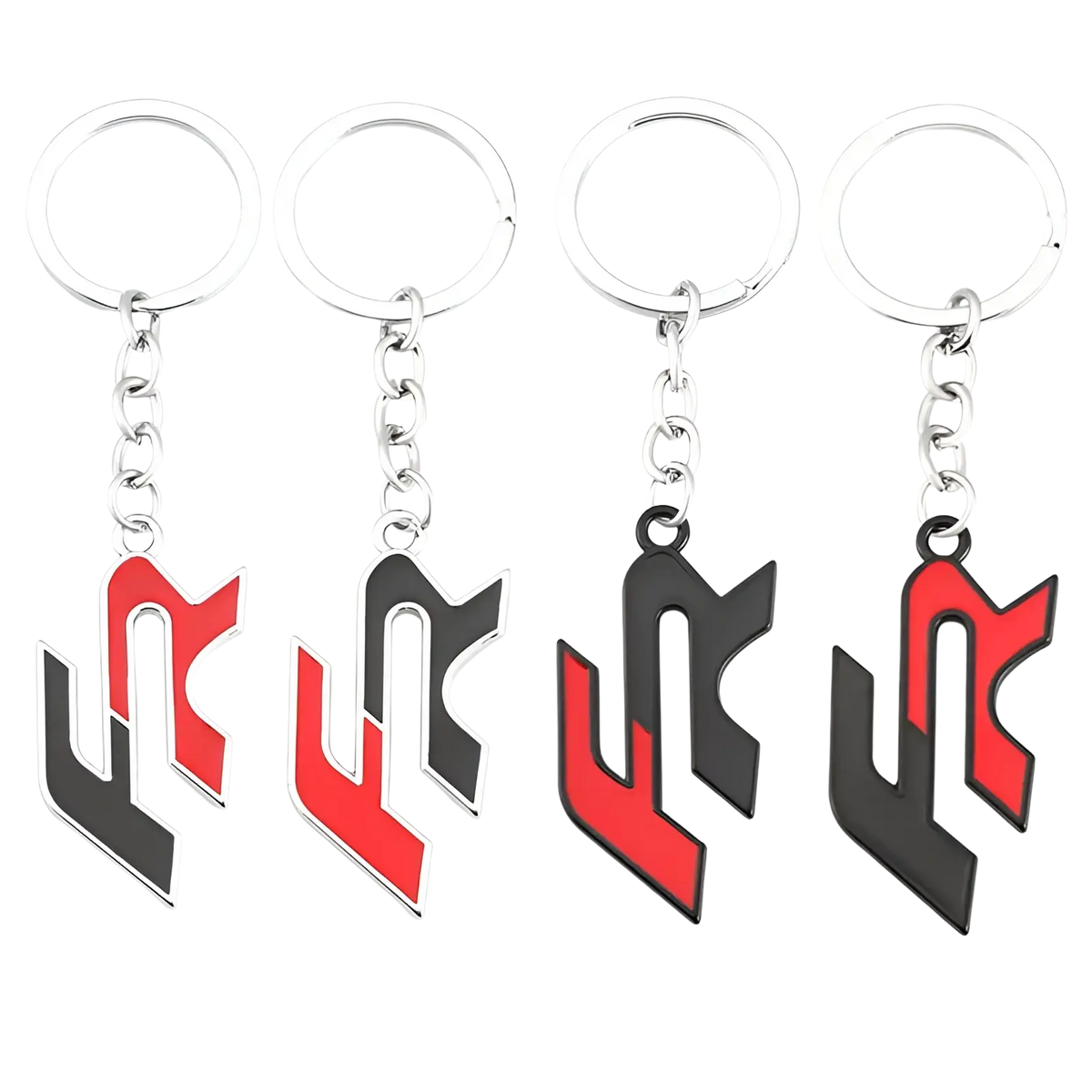 Set of four seat fr metal car keychains with bold red and black enamel logos and silver-toned rings and chains