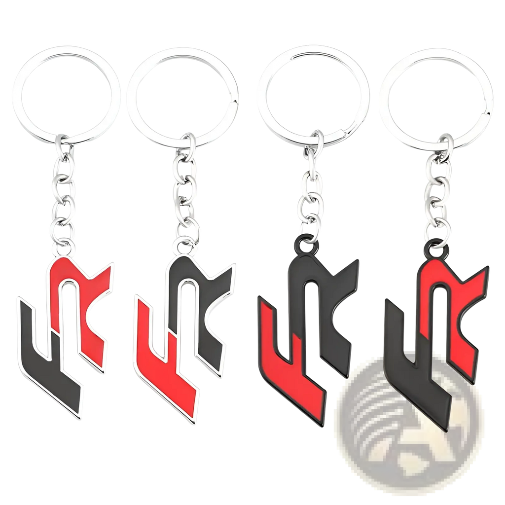Set of four seat fr metal car keychains with bold red and black enamel logos and silver-toned rings and chains