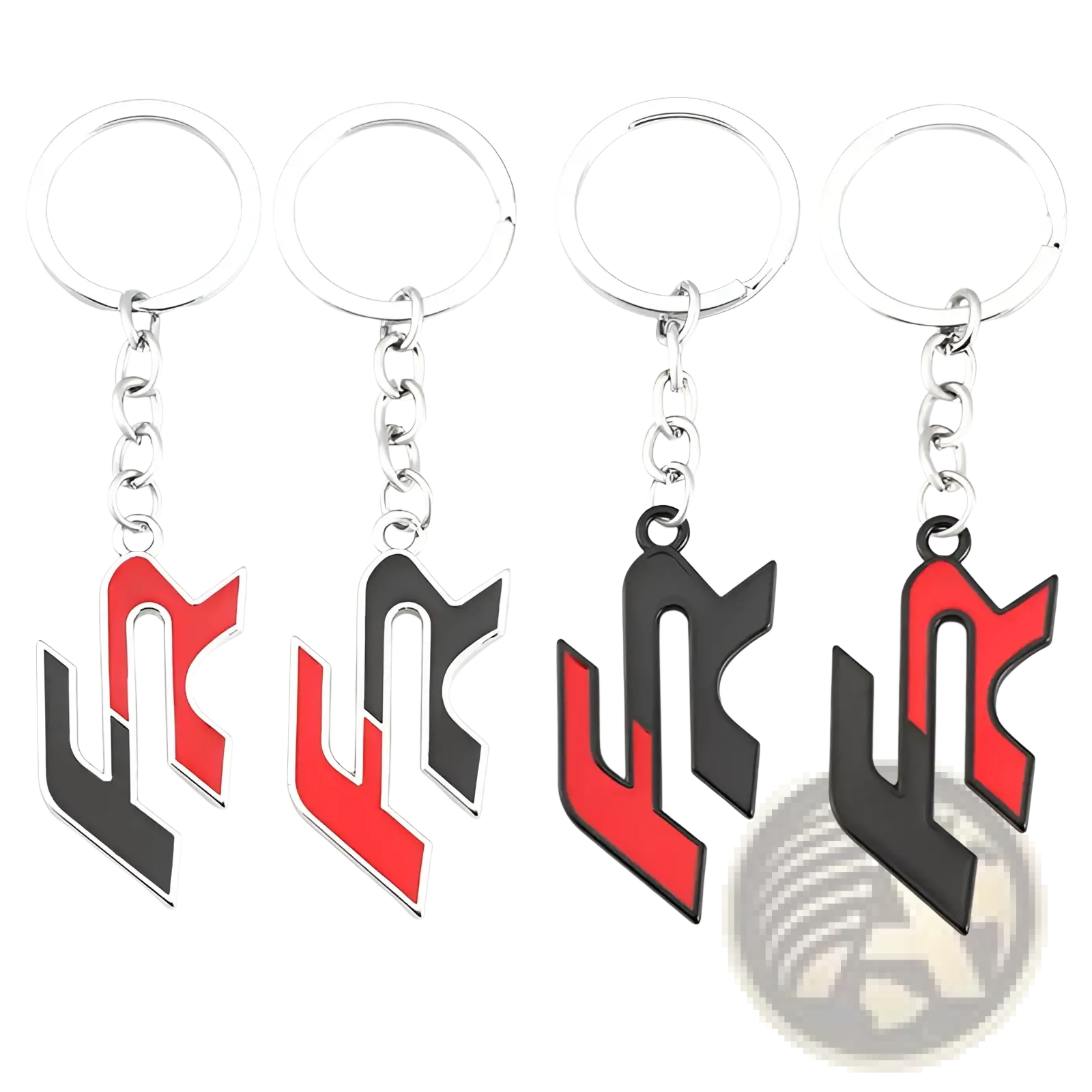 Set of four seat fr metal car keychains with bold red and black enamel logos and silver-toned rings and chains