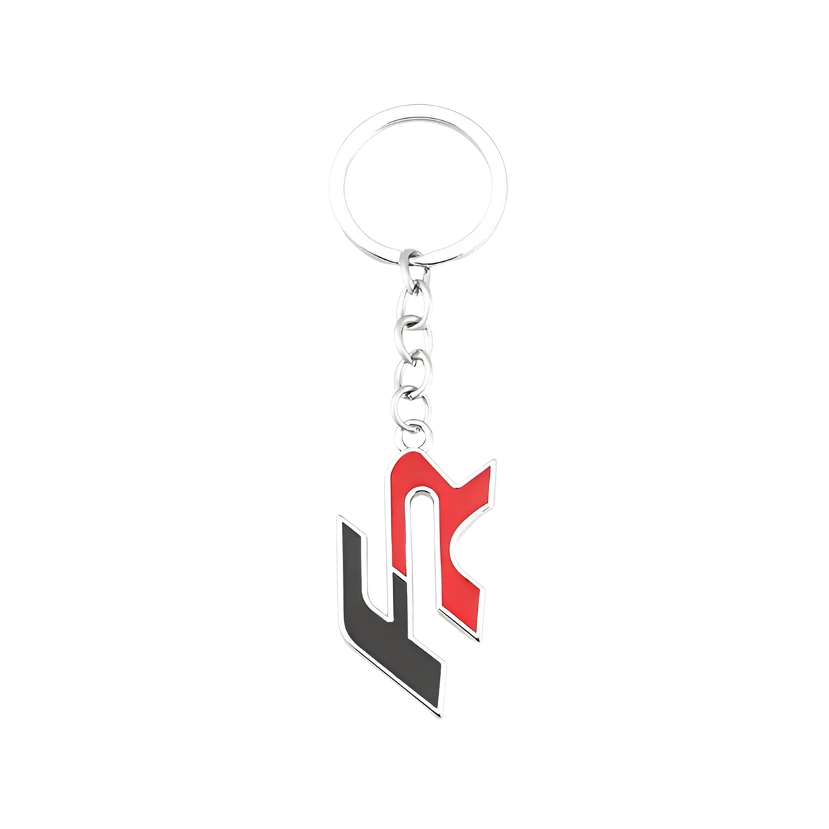 Silver metal seat fr car keychain and keyring holder with a red and black enamel logo pendant