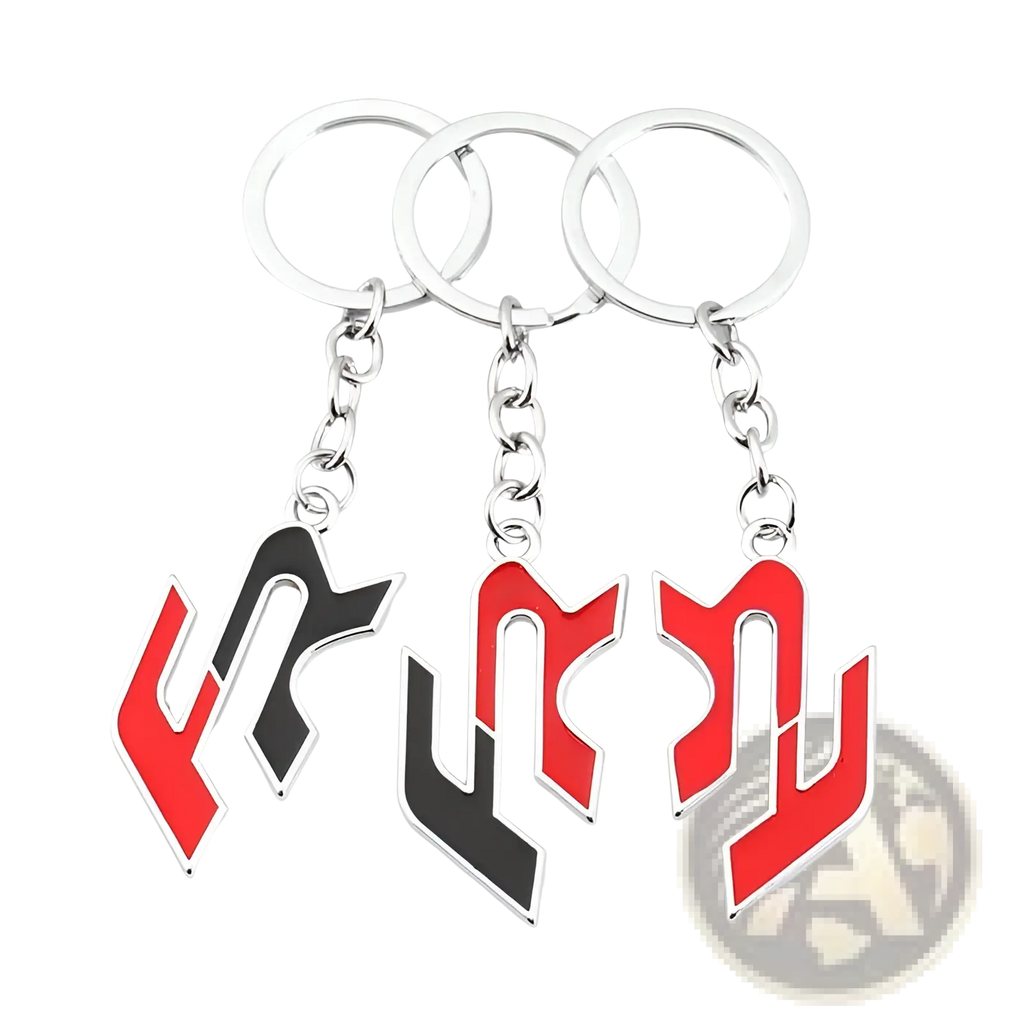 Three metallic seat fr metal car keychains with bold red and black logo designs and silver chains and rings