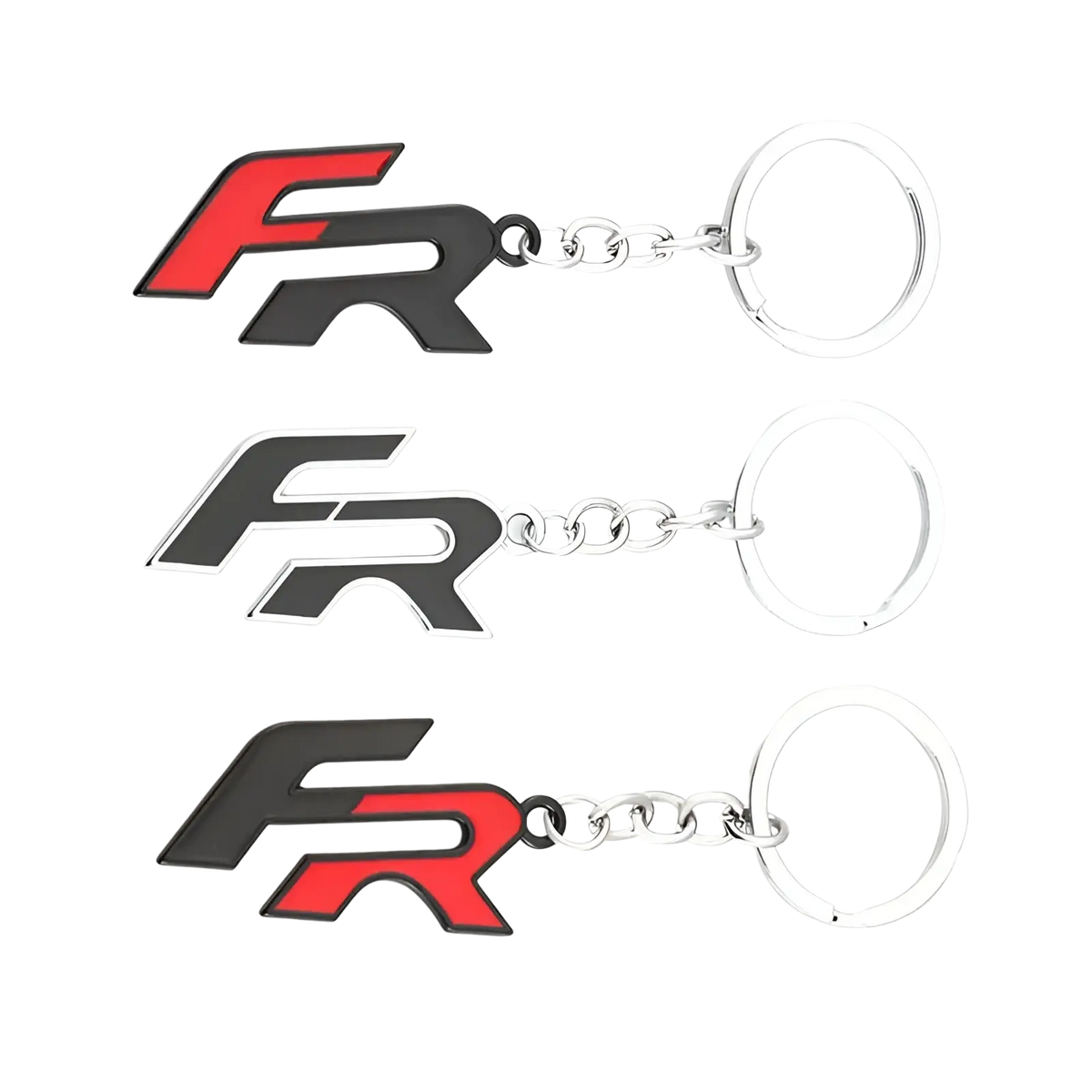 Three sleek Seat Fr metal car keychains with bold black and red logo and metallic silver chains and rings