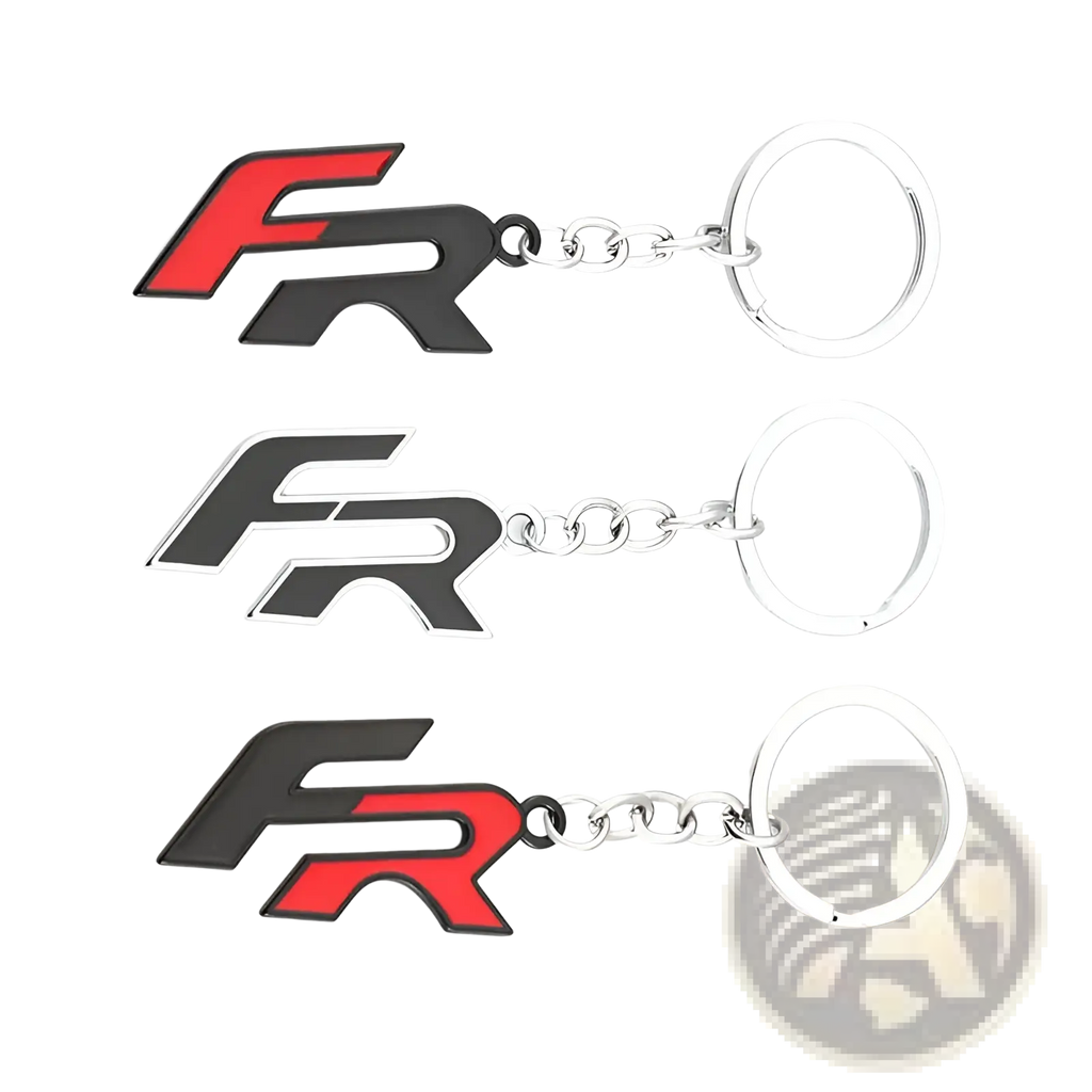 Three sleek Seat Fr metal car keychains with bold black and red logo and metallic silver chains and rings
