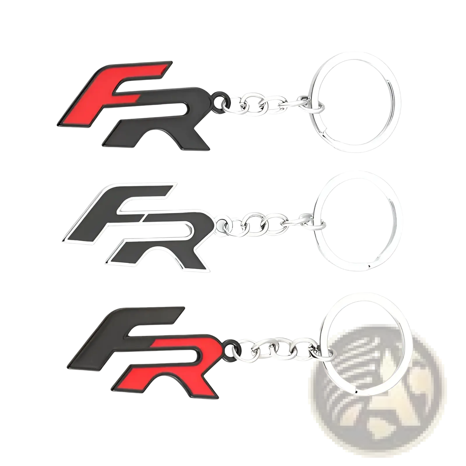 Three sleek Seat Fr metal car keychains with bold black and red logo and metallic silver chains and rings