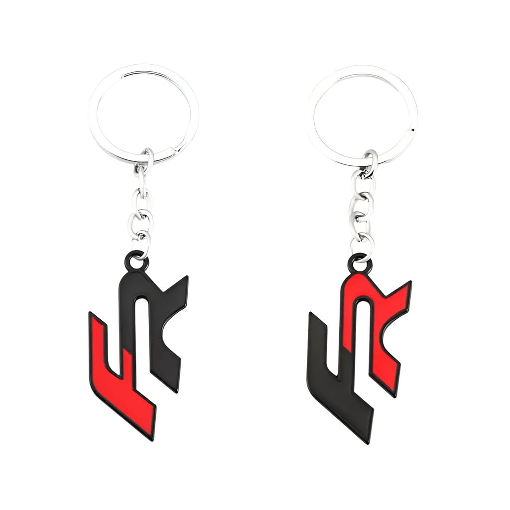 Two black and red enamel seat fr metal car keychains featuring a stylized l logo design and keyring holder