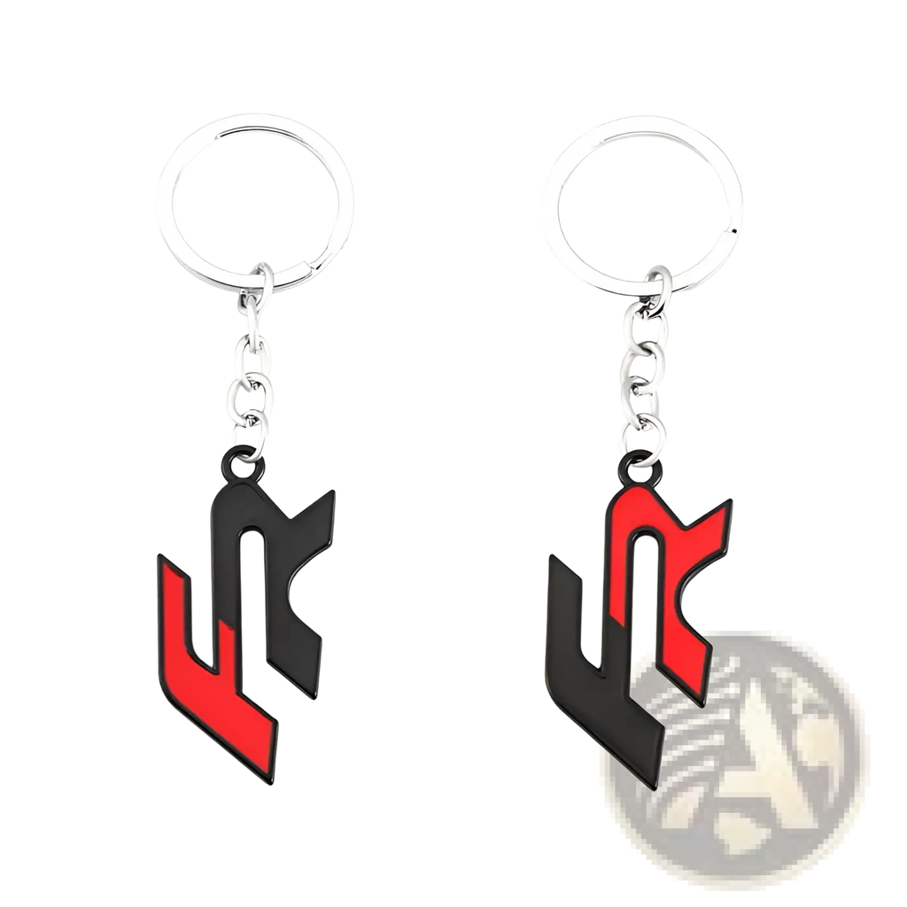 Two black and red enamel seat fr metal car keychains featuring a stylized l logo design and keyring holder