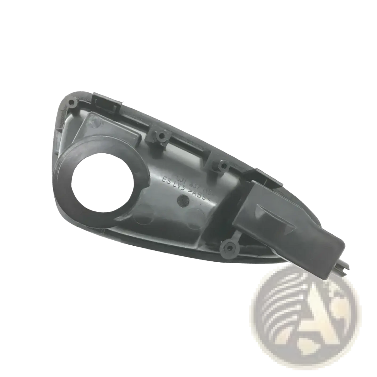 Black plastic back side of seat ibiza 6j interior door handle housing with molded mounting points and circular cutout