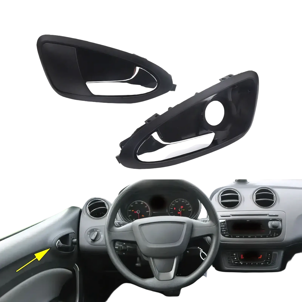 Seat ibiza front inner door handle set 2009 2012 featuring black plastic covers with polished chrome accent strip