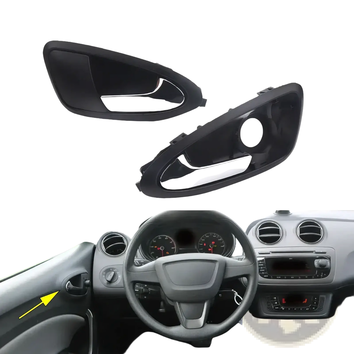 Seat ibiza front inner door handle set 2009 2012 featuring black plastic covers with polished chrome accent strip
