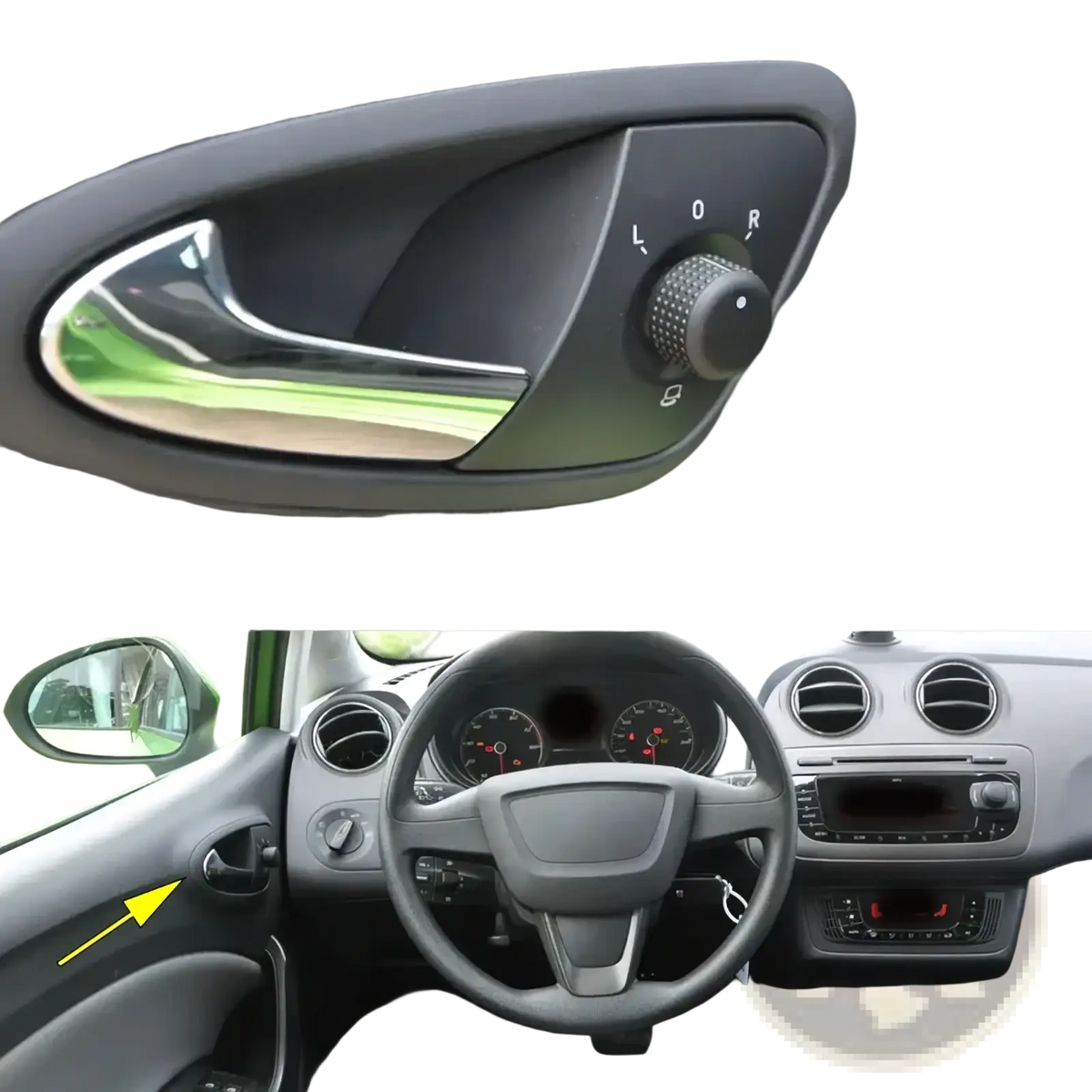 Chrome-finished Seat Ibiza front inner door handle set 2009-2012 with integrated locking switch on dark gray panel