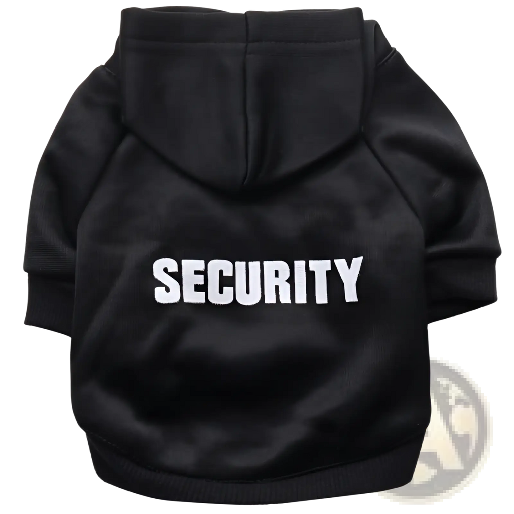 Back view of black fleece pet hoodie with security embroidered in bold white letters for dogs