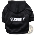 Back view of black fleece pet hoodie with security embroidered in bold white letters for dogs