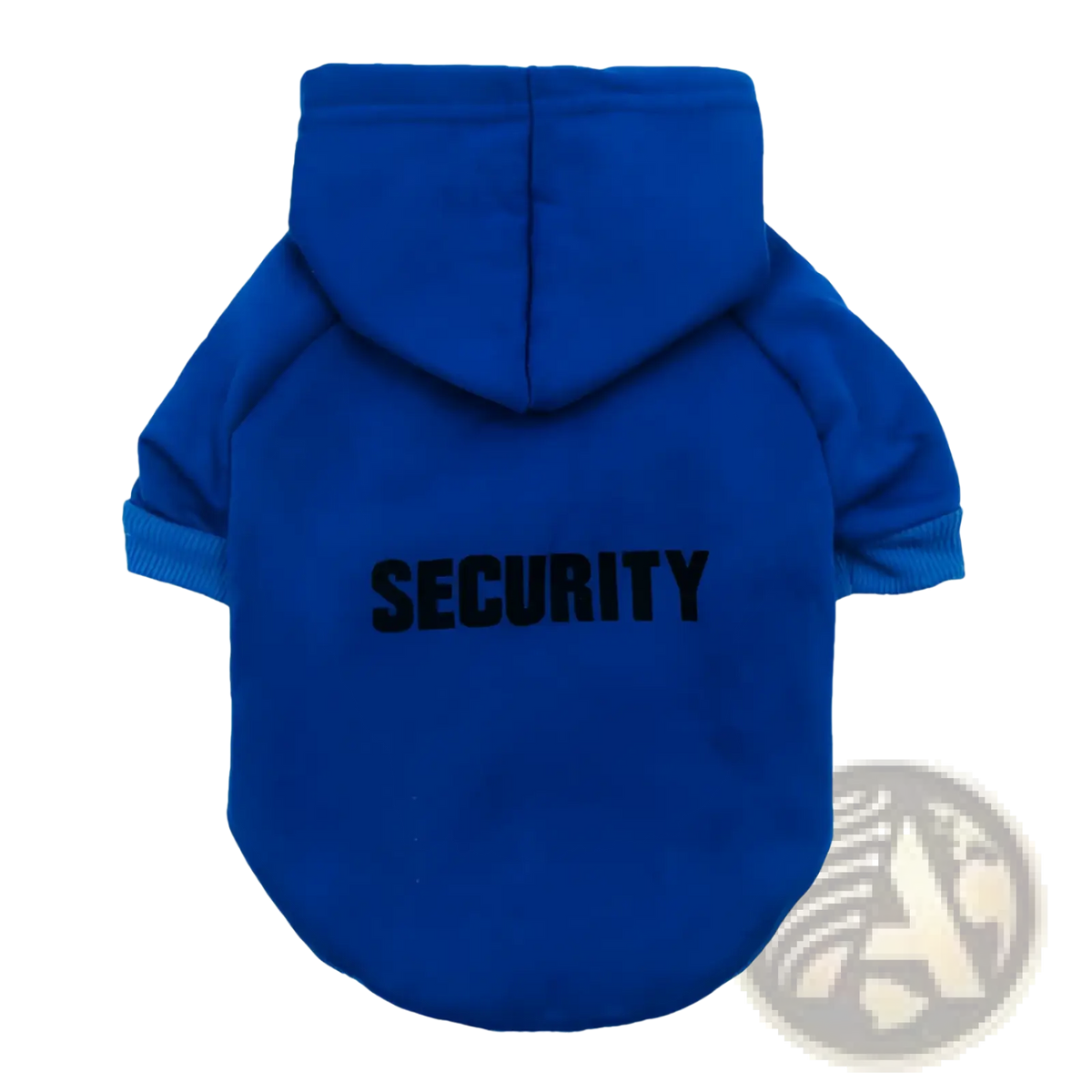 Back side of a royal blue fleece pet hoodie sweatshirt with security printed in bold black letters
