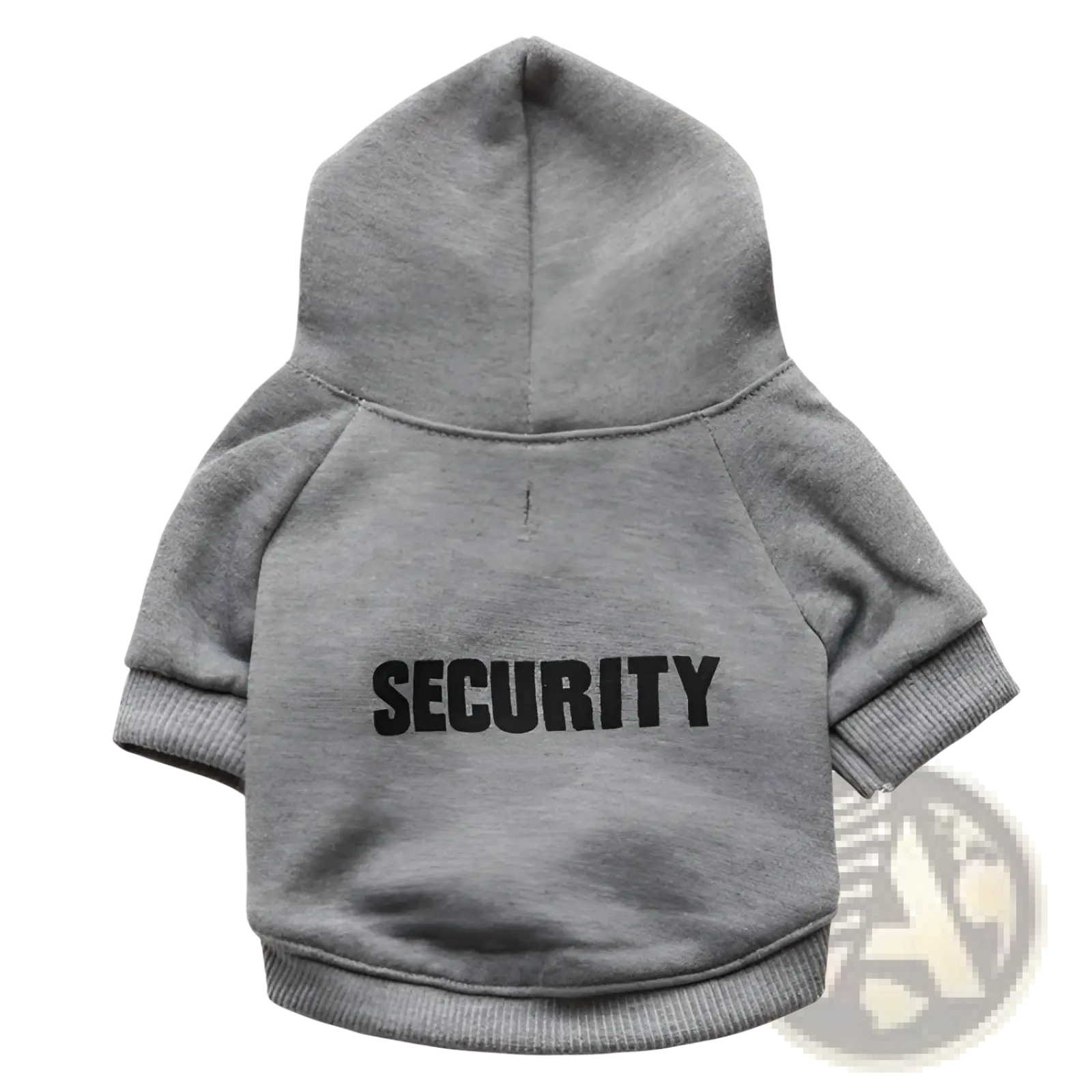 Gray fleece pet hoodie with security printed in black on the back side for dogs and small animals