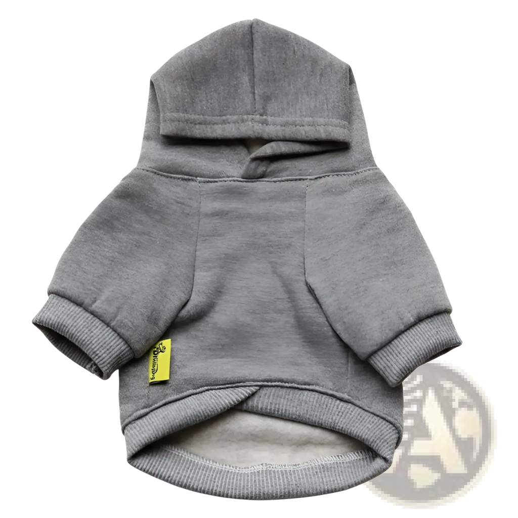 Gray hooded pet sweatshirt made of soft cotton blend with ribbed cuffs and hem for comfort and security