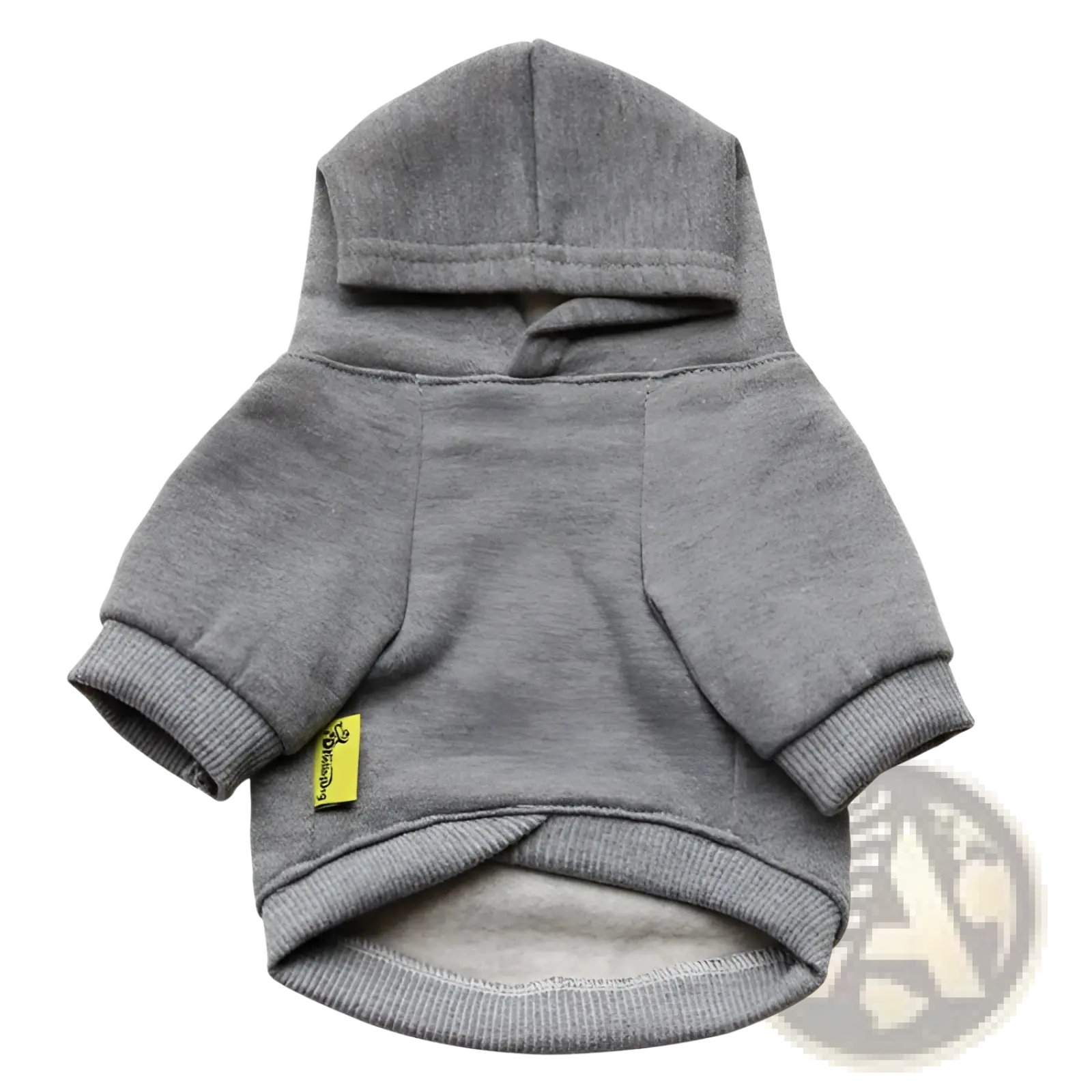 Gray hooded pet sweatshirt made of soft cotton blend with ribbed cuffs and hem for comfort and security