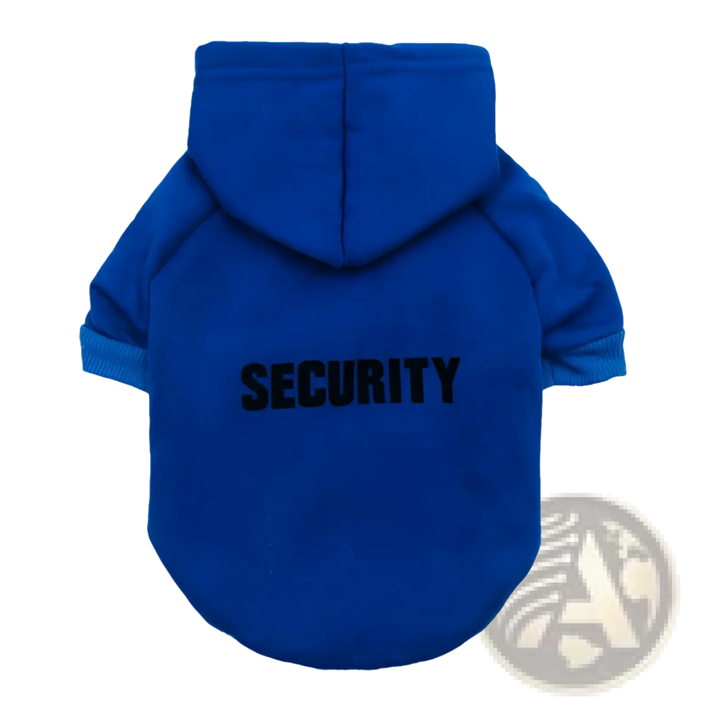 Back view of a royal blue fleece pet hoodie with security printed in bold black letters across the back