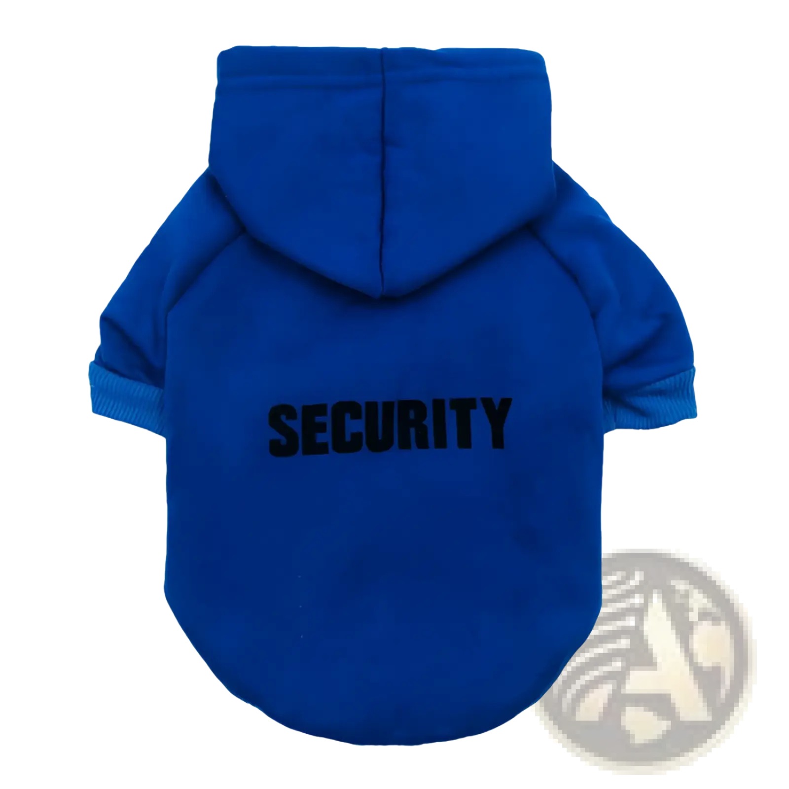 Back view of a royal blue fleece pet hoodie with security printed in bold black letters across the back