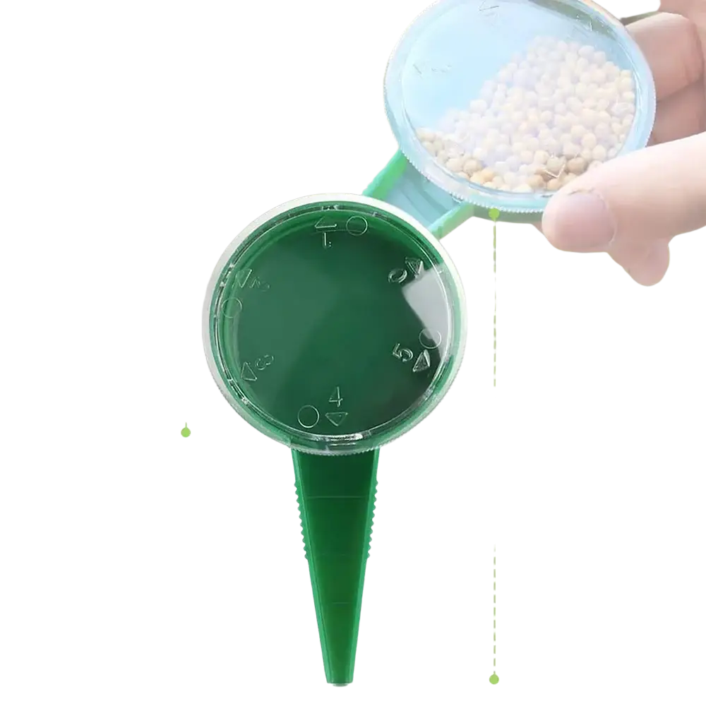Green plastic seed sower with circular top and pointed stake handheld plant seeder for precise seed planting