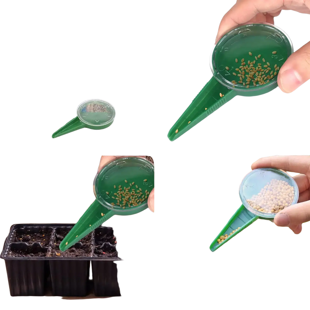 Green plastic seed sower handheld plant seeder with clear circular top and narrow spout for precise planting