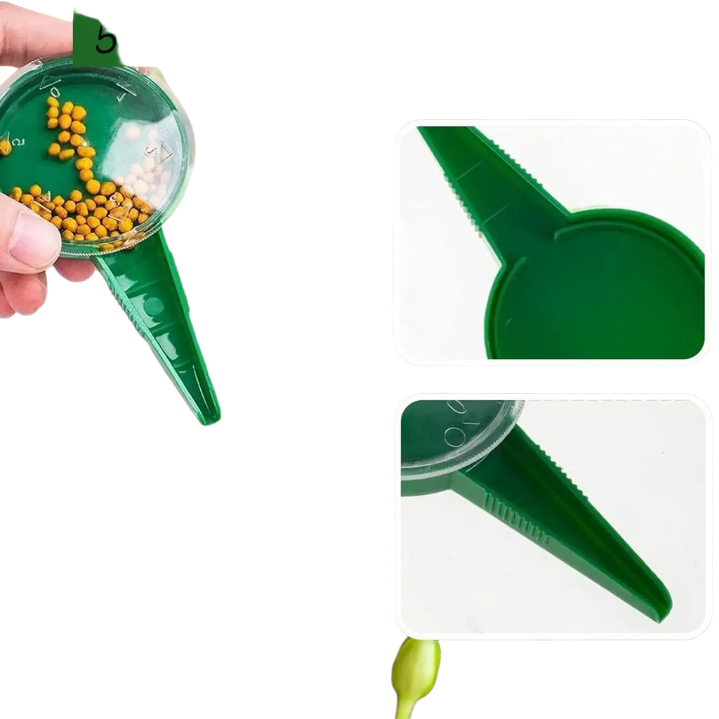 Green plastic seed sower handheld 5-speed distributor with clear lid and ridged handle for precise planting