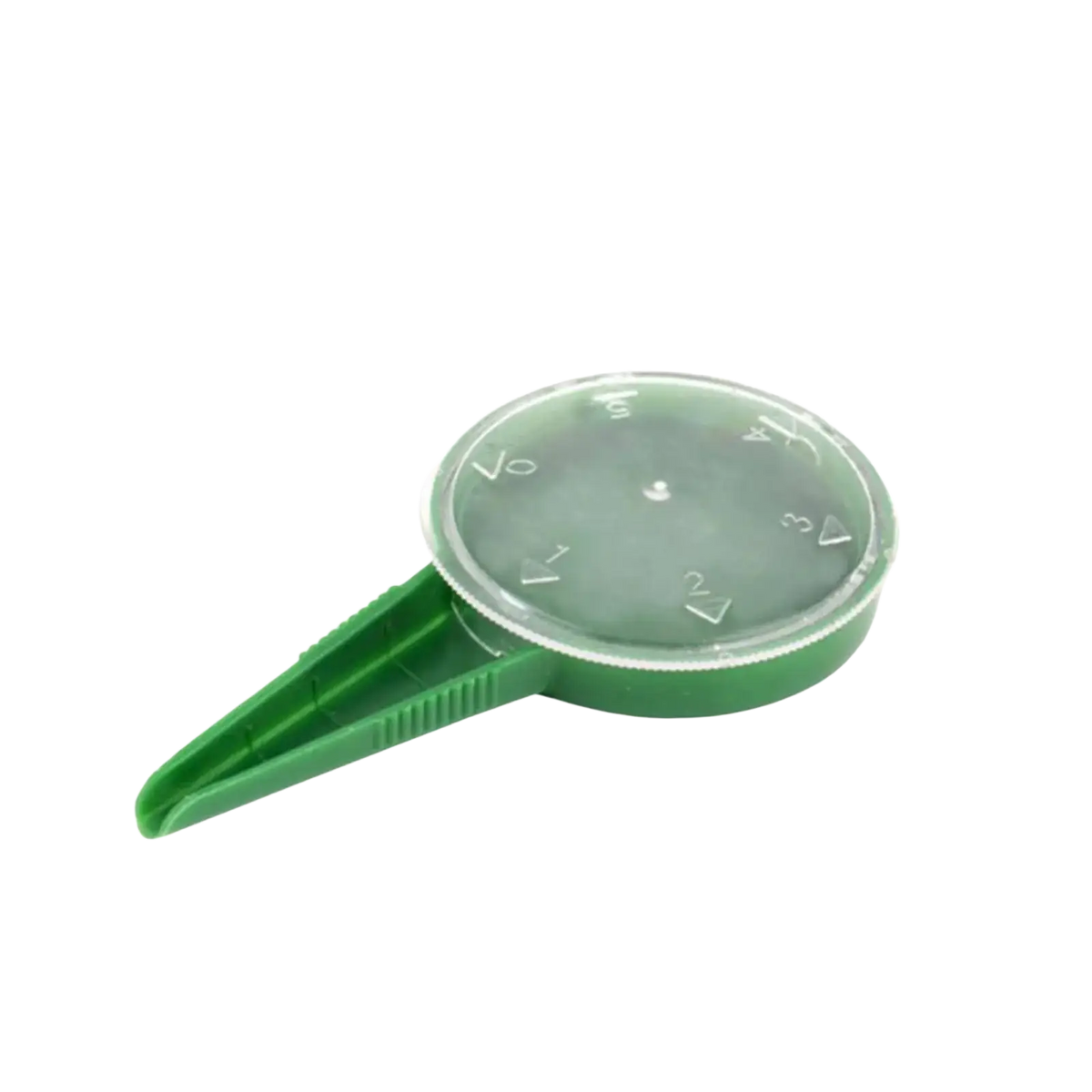 Green plastic seed sower handheld plant seeder with circular transparent lid and adjustable measurement handle for planting