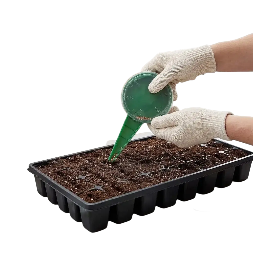 Green plastic seed sower handheld plant seeder with a watering scoop for easy seed planting and watering