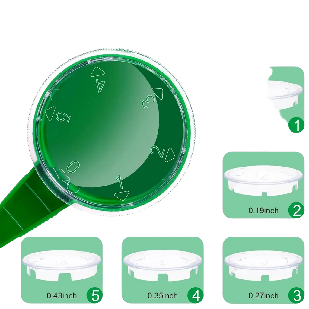 Green plastic seed sower seedling starter pot with clear lid and numbered markings for different seed sizes