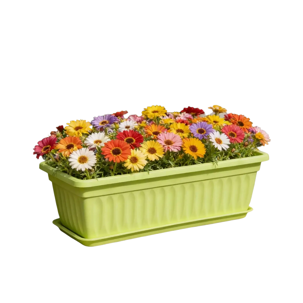 Bright lime green rectangular plastic seed trays with vertical ridged texture and matching tray filled with colorful daisies