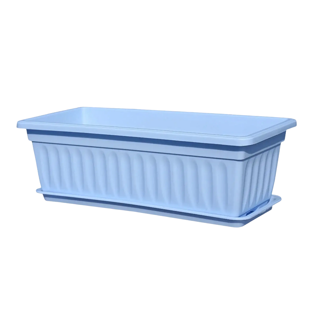Light blue rectangular plastic planter with vertical ridges and matching lid shown in seed trays product description