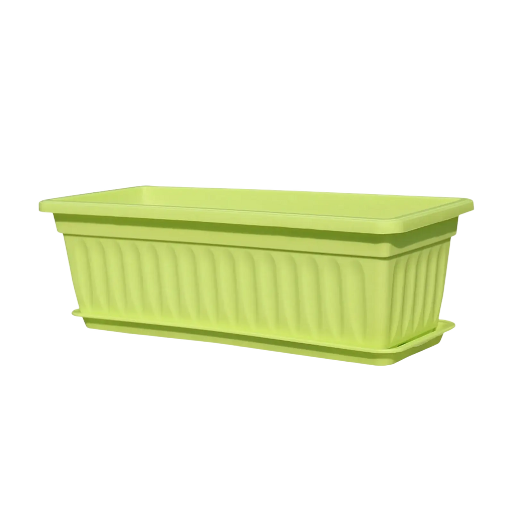 Light green rectangular plastic planter seed tray with vertical ridges and matching saucer for gardening product description