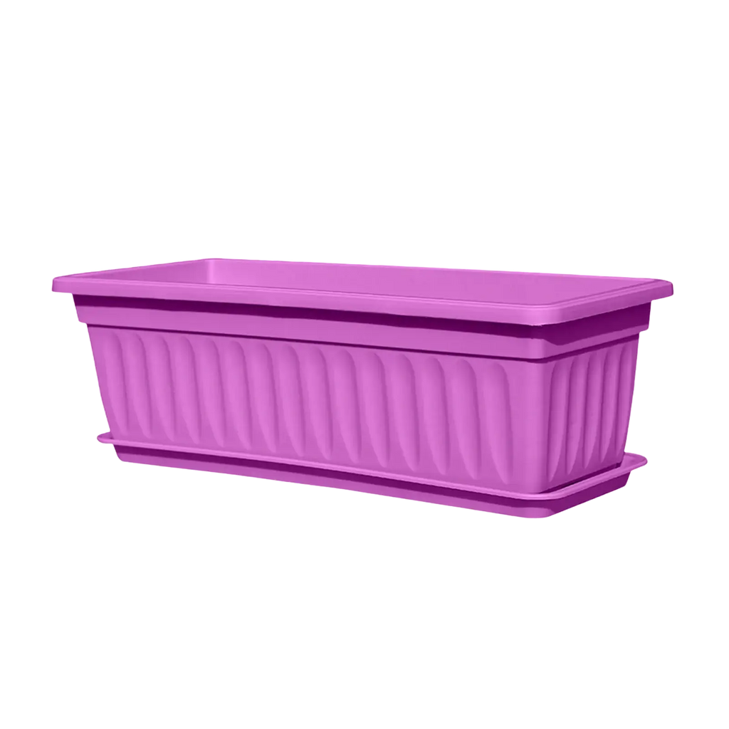 Purple rectangular plastic planter with vertical ribbed sides and matching tray for seed trays gardening product description