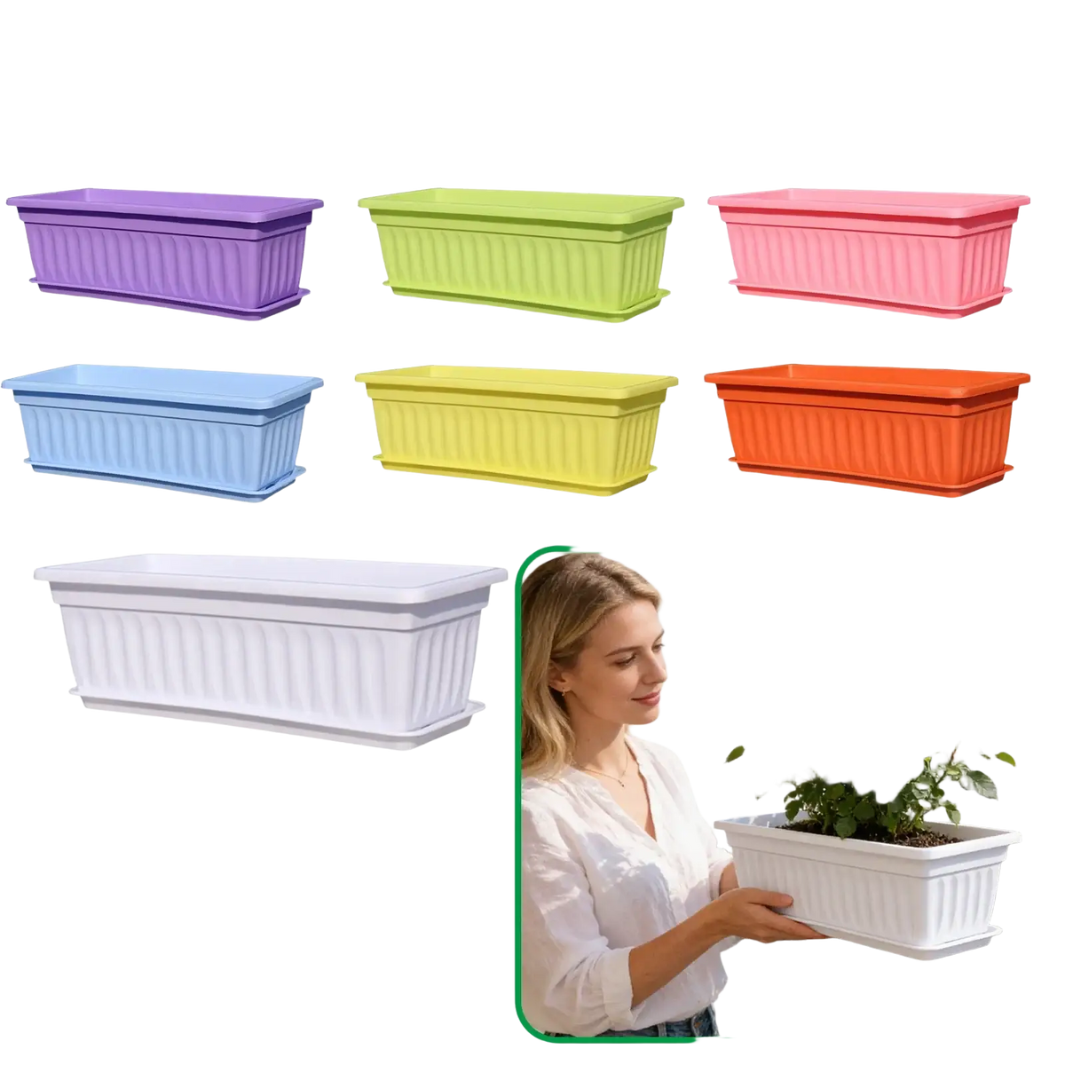 White rectangular plastic seed tray with vertical ribbed texture and matching saucer for gardening product description