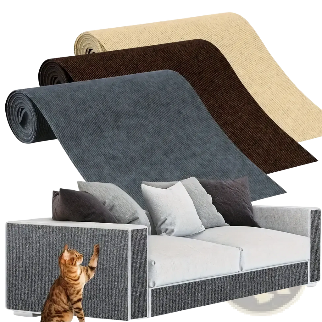 Gray textured self-adhesive cat scratching mat furniture protector in roll form with matching panels by sofa and tabby cat nearby