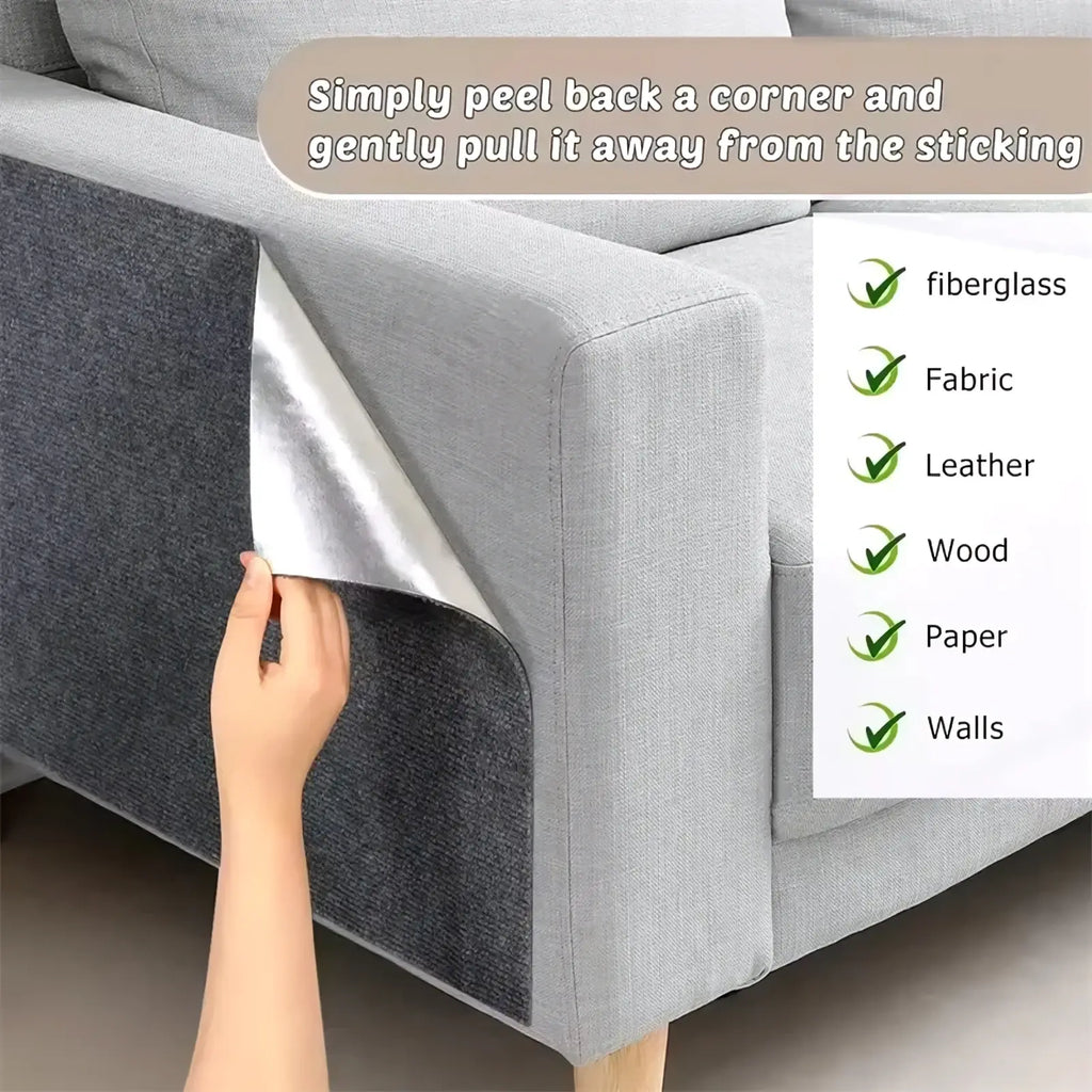 Gray textured fabric sofa protector with shiny silver adhesive backing shown from the back side for cat scratching protection