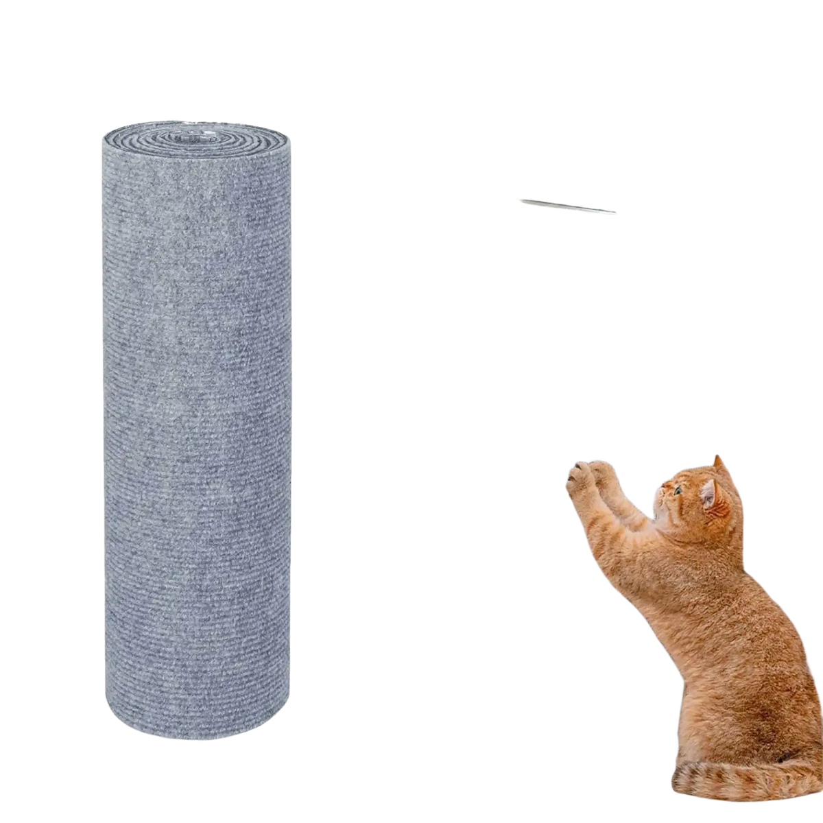 Gray self-adhesive cat scratching mat with durable fabric surface, rolled for easy storage and furniture protection
