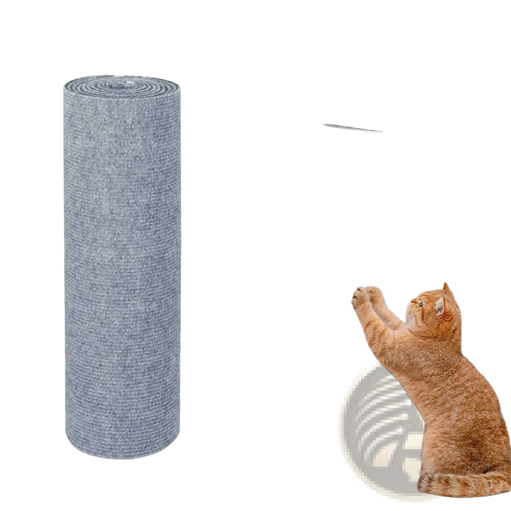 Gray self-adhesive cat scratching mat with durable fabric surface, rolled for easy storage and furniture protection