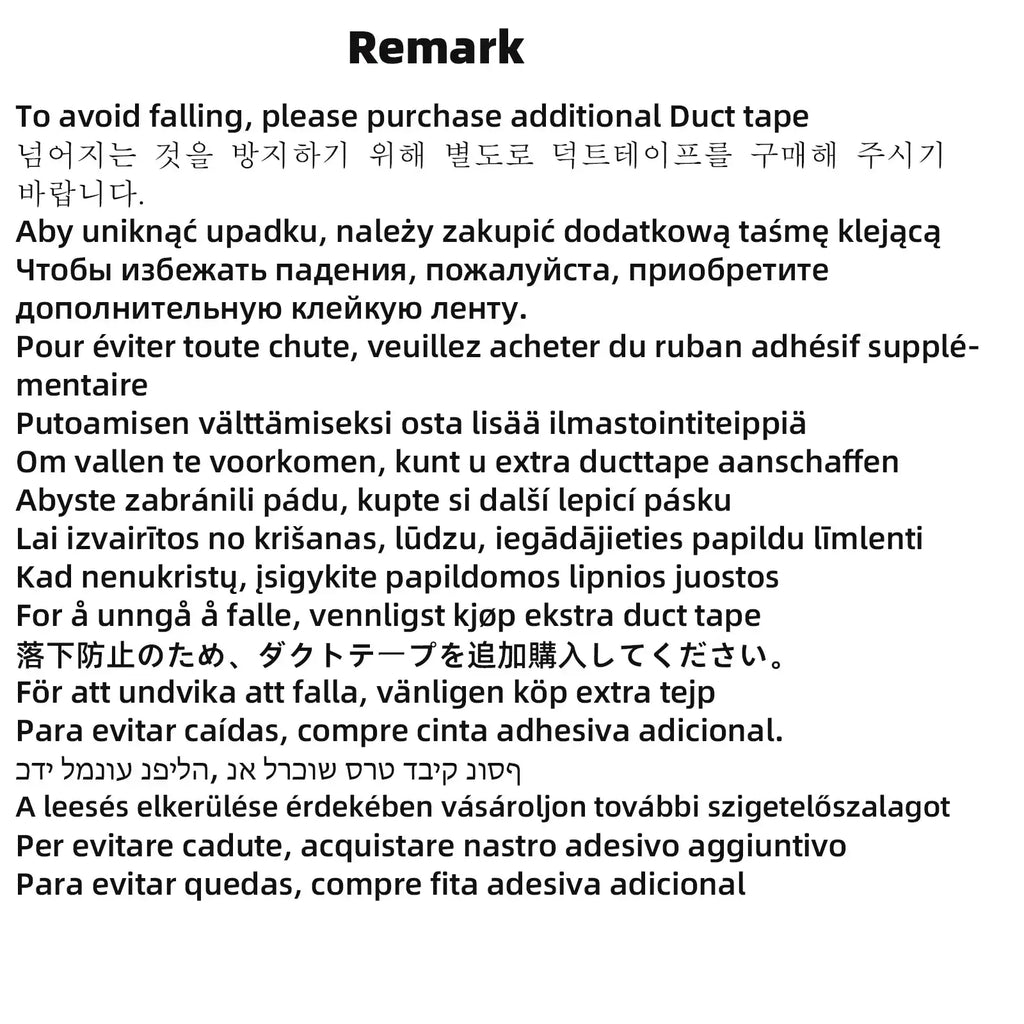 Back side of a black self-adhesive cat scratching mat with multilingual instructions to buy additional duct tape