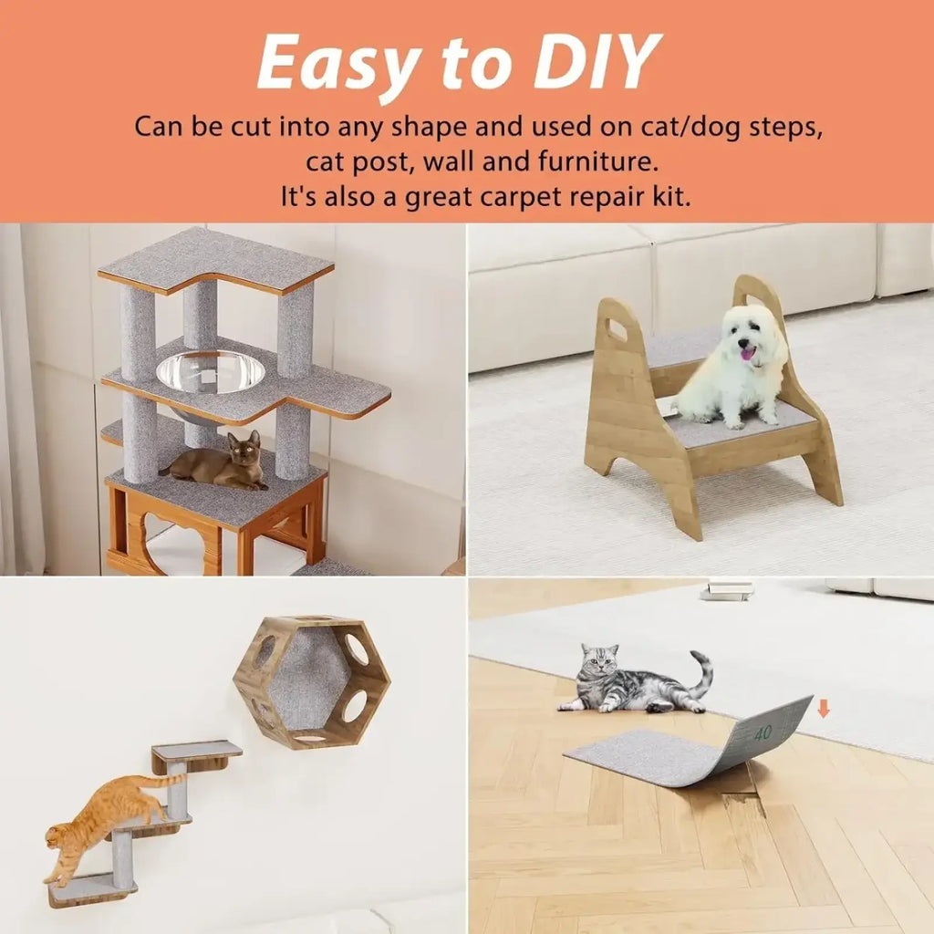 Gray felt-covered wooden pet step with curved handle and flat seat for self-adhesive cat scratching mat use