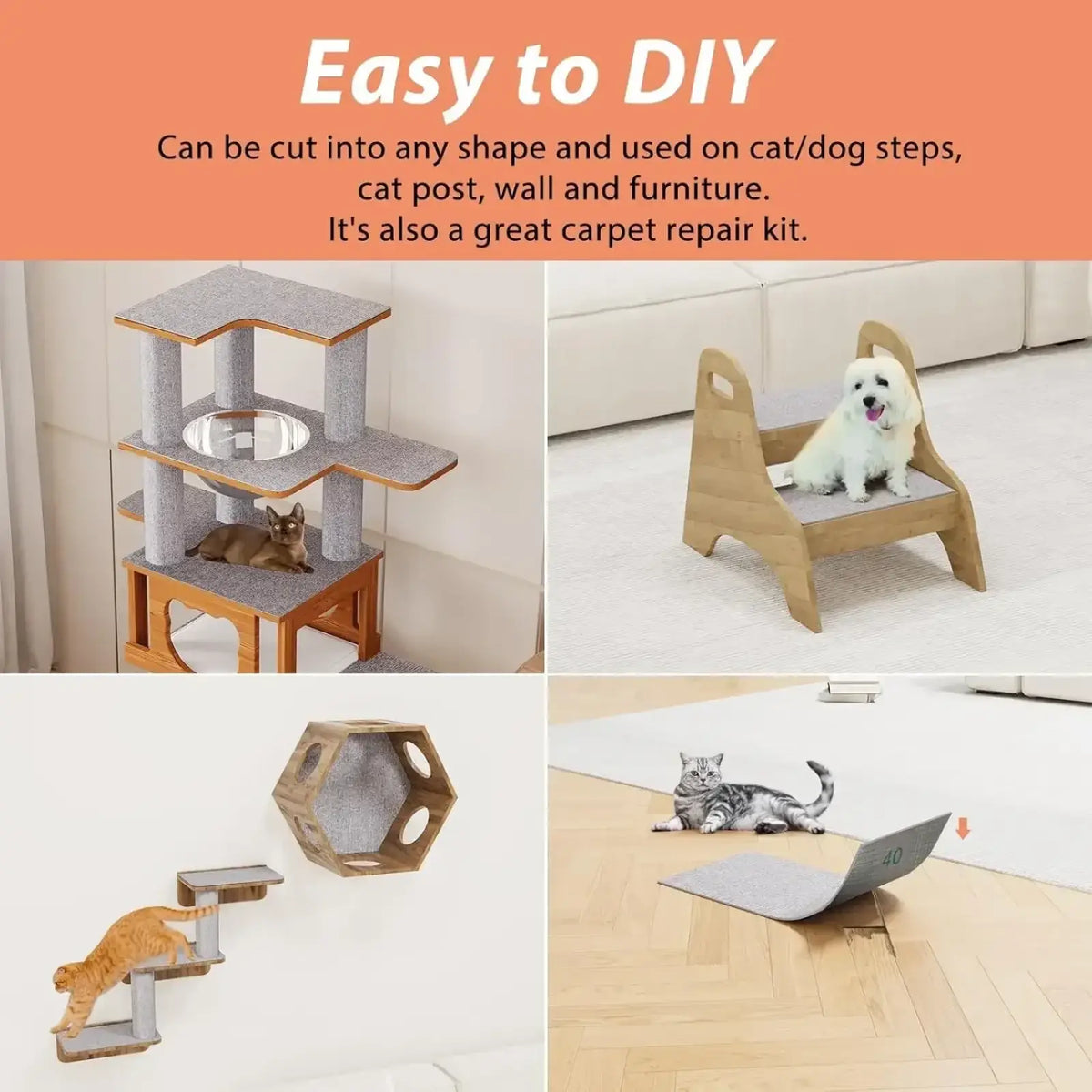 Gray felt-covered wooden pet step with curved handle and flat seat for self-adhesive cat scratching mat use