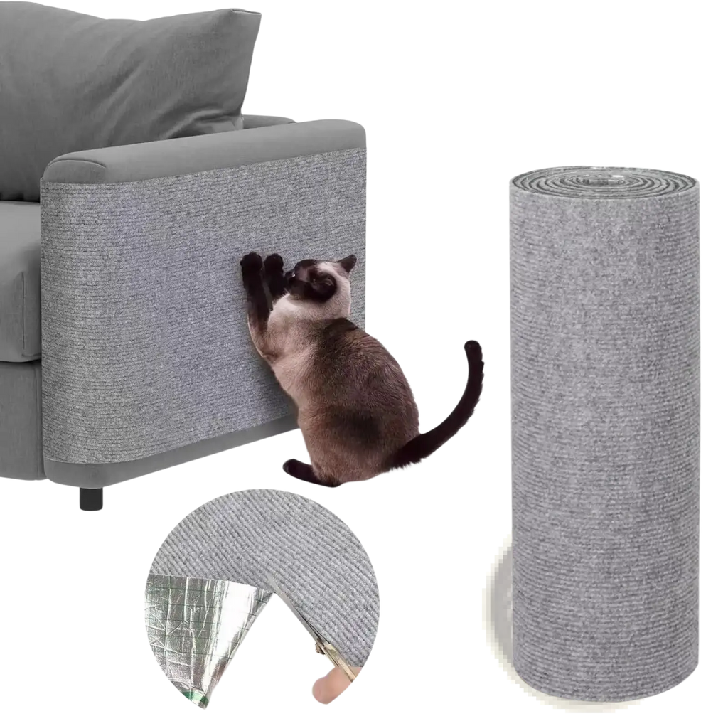 Self-adhesive gray textured cat scratching mat made of durable material rolled up and applied to a sofa armrest for protection