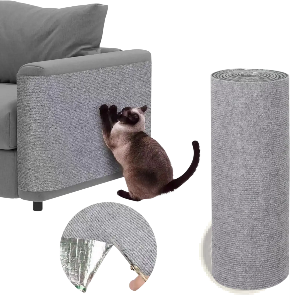 Self-adhesive gray textured cat scratching mat made of durable material rolled up and applied to a sofa armrest for protection