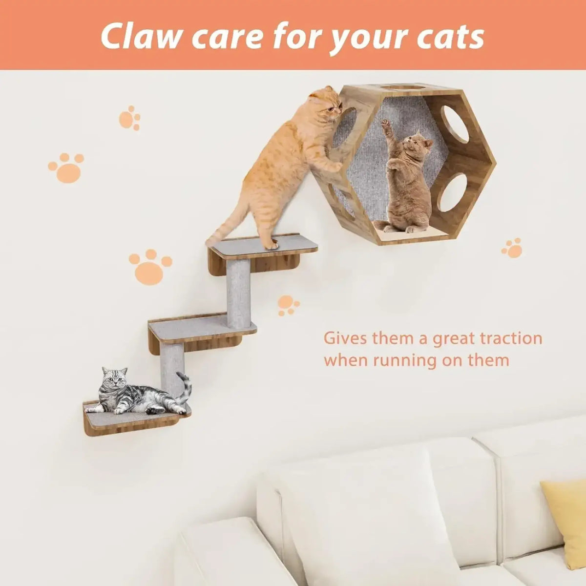 Hexagonal wooden cat claw care station with sisal scratching surface and circular cutouts for sofa protection