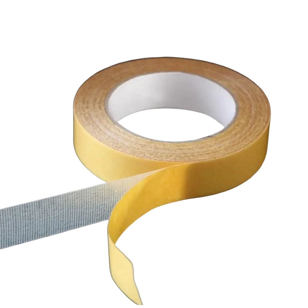 A roll of yellow self-adhesive tape with white backing for cat scratching mat sofa protection measuring 1.5cm by 500cm