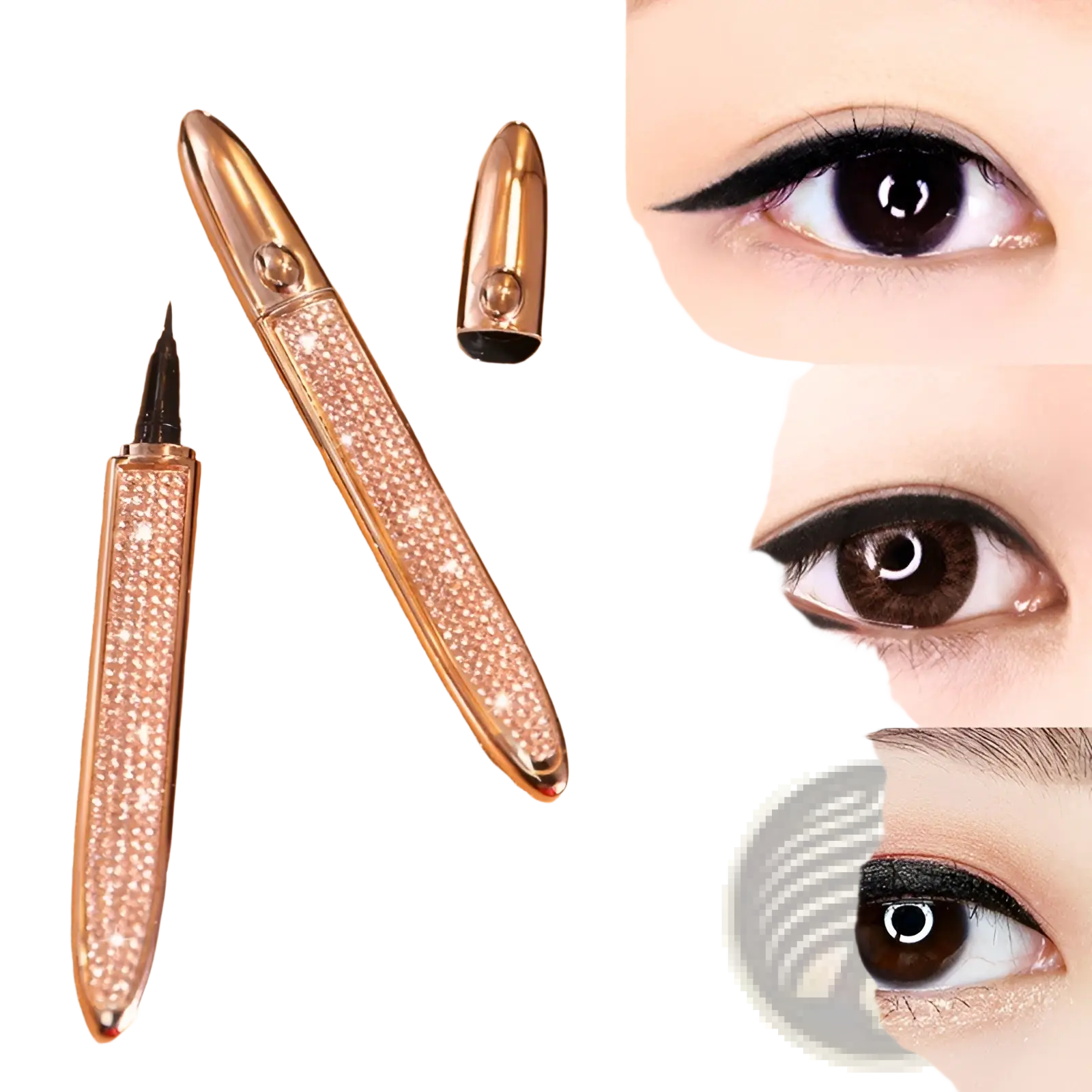 Rose gold self-adhesive eyeliner pen with sparkling rhinestone barrel and cap designed for false lashes waterproof use