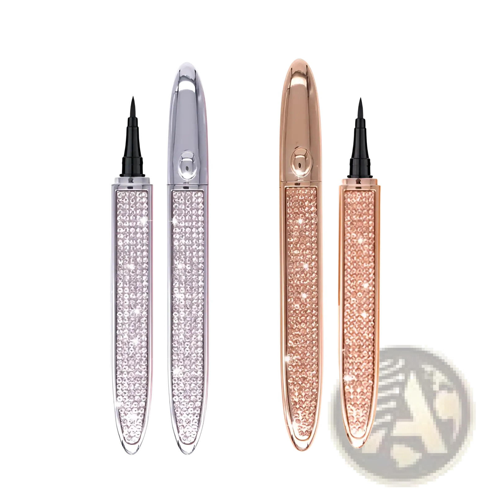 Sparkling rhinestone-encrusted self-adhesive eyeliner pens in silver and rose gold for false lashes waterproof use