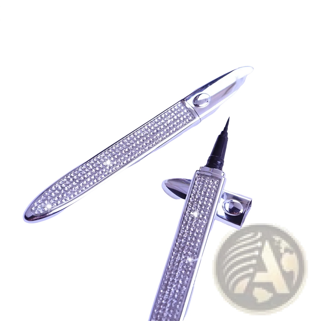Silver self-adhesive eyeliner pen with rhinestone-encrusted body and sleek metallic finish for false lashes waterproof use