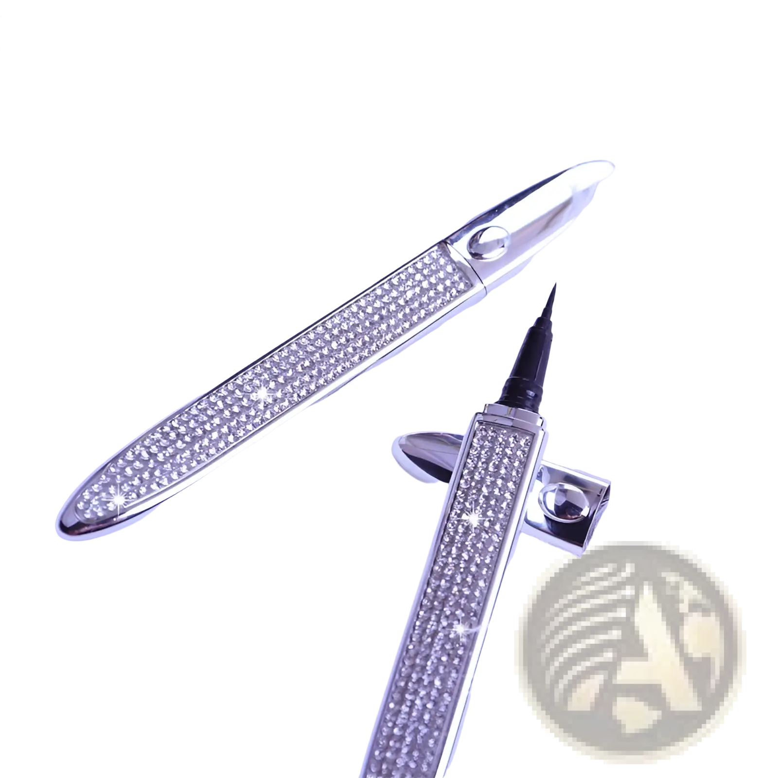 Silver self-adhesive eyeliner pen with rhinestone-encrusted body and sleek metallic finish for false lashes waterproof use
