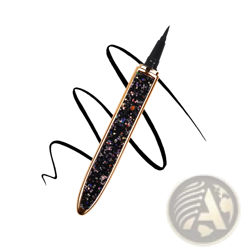A glittery black self-adhesive eyeliner pen with rose gold metallic finish and multicolored sparkles for false lashes