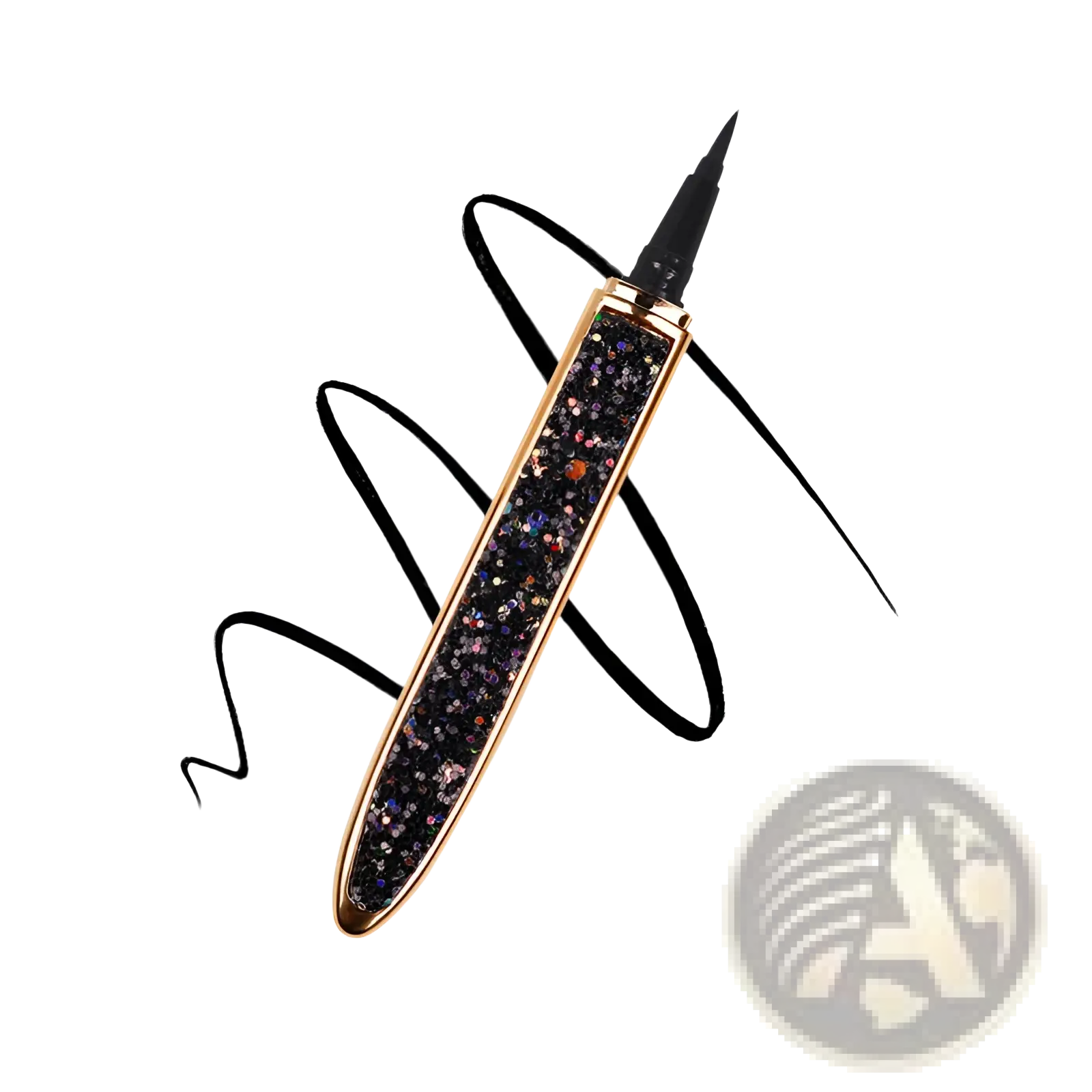 A glittery black self-adhesive eyeliner pen with rose gold metallic finish and multicolored sparkles for false lashes